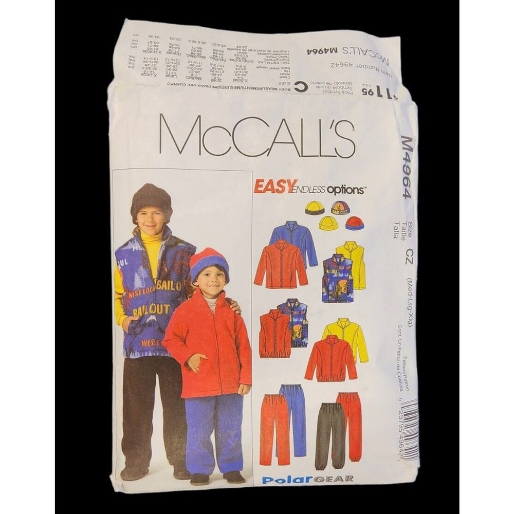 Boys Pattern McCall's Polar Gear M4964 Jacket Vest Pants Hat Size M-XL Cut Youth